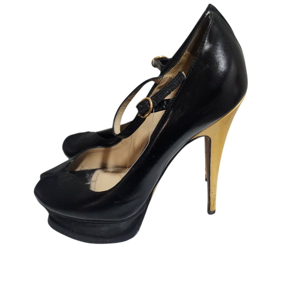 Yves Saint Laurent Black Leather Platform Heels Ankle Strap Gold Size EU‎ 36 - Picture 2 of 8